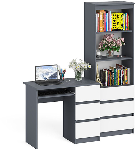 Мори компьютерный стол МС-6 правый + Стеллаж МСТ600.3, графит/белый