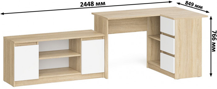 Мори Стол компьютерный МС-16 правый + Тумба МТВ1200.1, цвет дуб сонома/белый, ШхГхВ 244,8х84,9х76,6 см., выдвижные ящики справа, НЕ универс. сборка