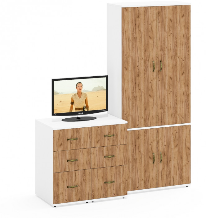 Лидер-8 Шкаф МД 20Б + Тумба МД 3.16 + Тумба МД 3.16, белый шагрень/крафт золото