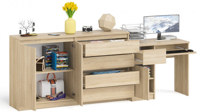 Мори компьютерный стол МС-1 левый + Комод МК1600.1, дуб сонома