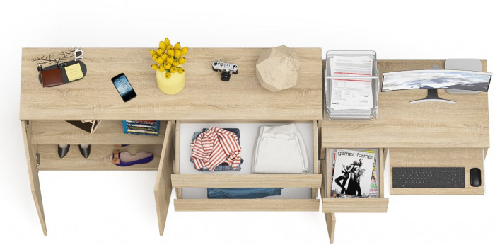 Мори компьютерный стол МС-1 левый + Комод МК1600.1, дуб сонома