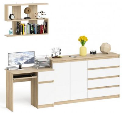 Мори компьютерный стол МС-1 правый + Комод МК1600.1 + Полка 900, дуб сонома/белый