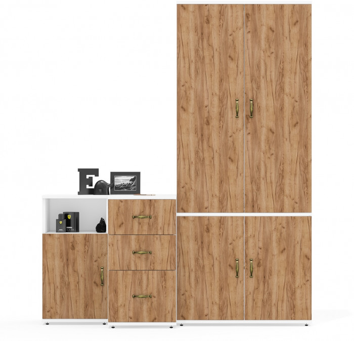 Лидер-8 Шкаф МД 20Б + Тумба МД 3.16 + Тумба МД 3.19, белый шагрень/крафт золото