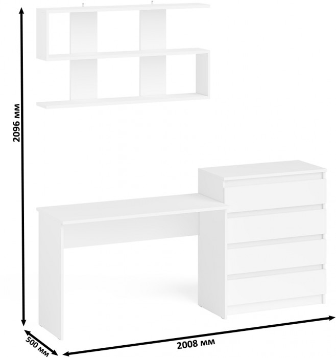 Мори письменный стол МСП1200.1 + Комод МК800.4 + Полка 1200, белый