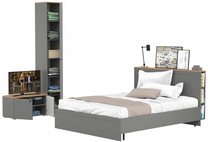 Остин 11.53 Кровать + ортопед + 13.227 Шкаф-пенал + 13.257 Тумба, серый графит/дуб крафт золотой
