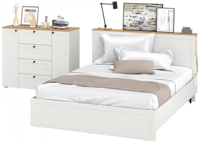 Остин 11.53 Кровать + ортопед + 16.221 Комод, белый шагрень/дуб крафт золотой