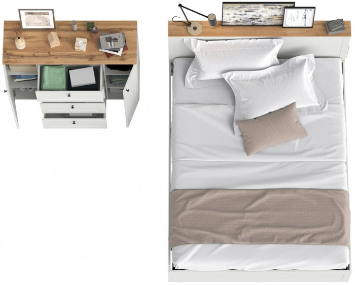 Остин 11.53 Кровать + ортопед + 16.221 Комод, белый шагрень/дуб крафт золотой