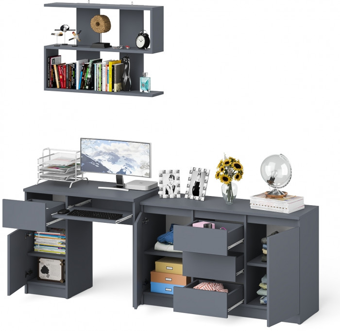 Мори Стол компьютерный МС-1 левый + Комод МК1200.3 + Полка 900, цвет графит, ШхГхВ 210,4х50х209,6 см., НЕ универсальная сборка