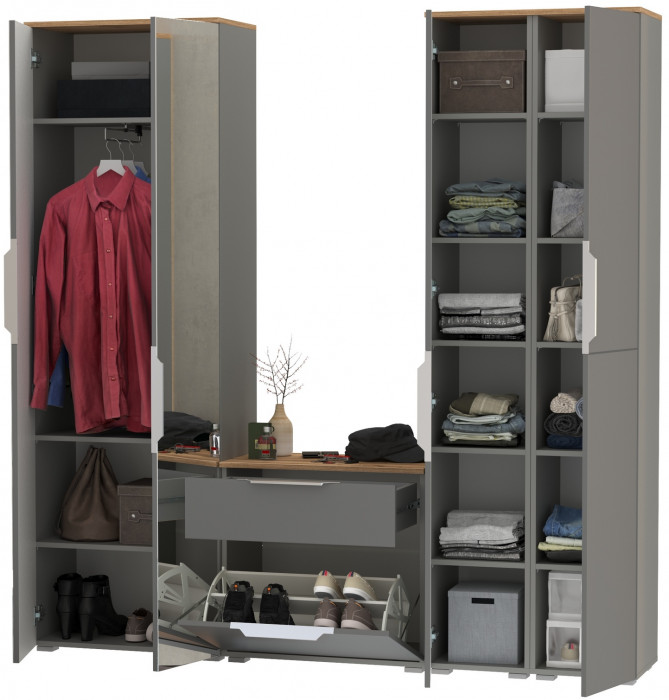 Октава Прихожая 28, цвет серый графит/дуб крафт золотой/фасады МДФ серый графит, ШхГхВ 193,7х35,4х197,6 см., универсальная сборка