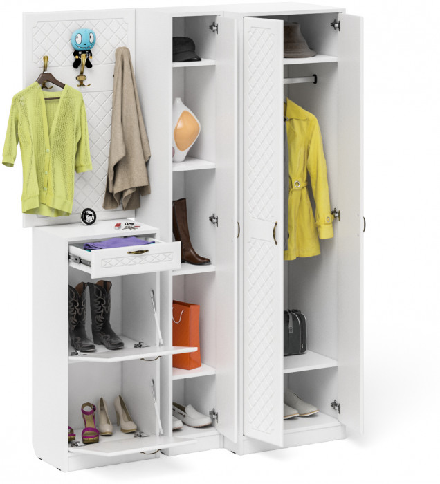 Прихожая П-6 Компоновка № 30, белая шагрень/фасады МДФ белое дерево фрезеровка ромб