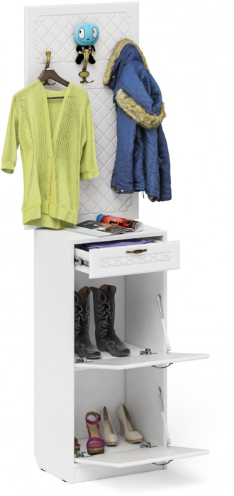 Прихожая П-6 Тумба для обуви 2 секции + Вешалка, белая шагрень/фасады МДФ белое дерево фрезеровка ромб