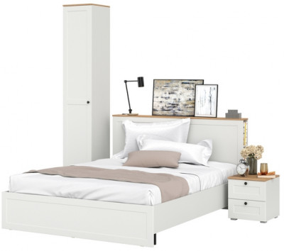 Остин 11.53 Кровать + ортопед + 13.227 Шкаф-пенал + 16.152 Тумба прикроватная, белый шагрень/дуб крафт золотой