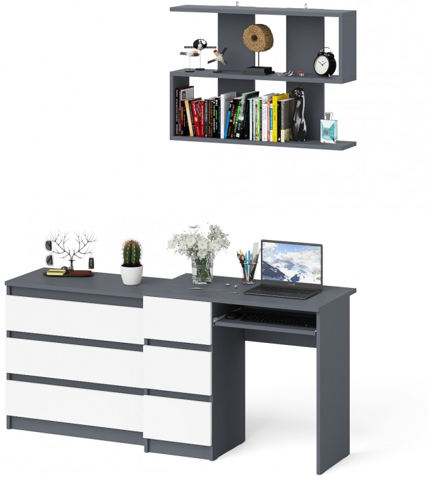 Мори Стол компьютерный МС-6 левый + Комод МК800.1 + Полка 900, цвет графит/белый, ШхГхВ 170,4х50х209,6 см., НЕ универсальная сборка