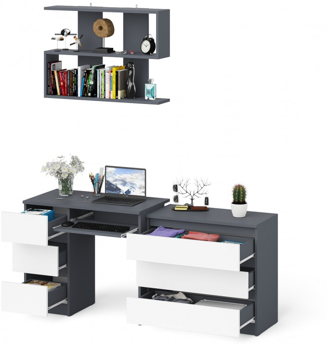 Мори Стол компьютерный МС-6 левый + Комод МК800.1 + Полка 900, цвет графит/белый, ШхГхВ 170,4х50х209,6 см., НЕ универсальная сборка