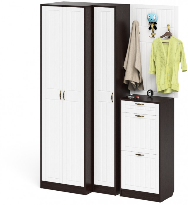 Прихожая П-6 Компоновка № 30, венге/фасады МДФ белое дерево фрезеровка прованс