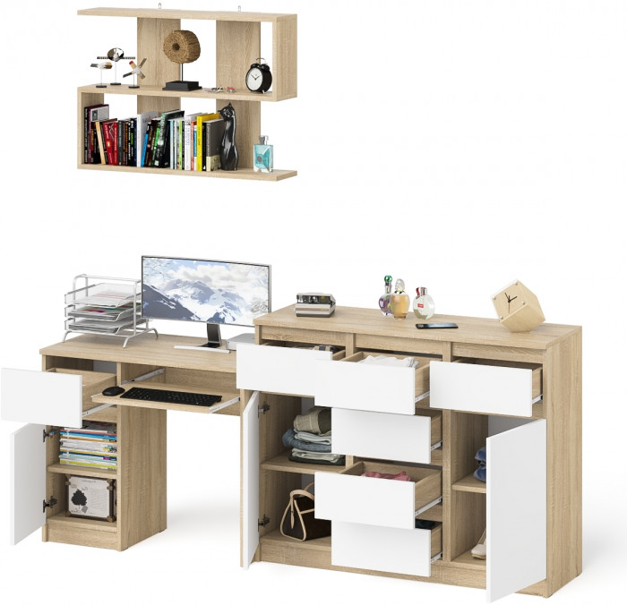 Мори компьютерный стол МС-1 левый + Комод МК1200.4 + Полка 900, дуб сонома/белый