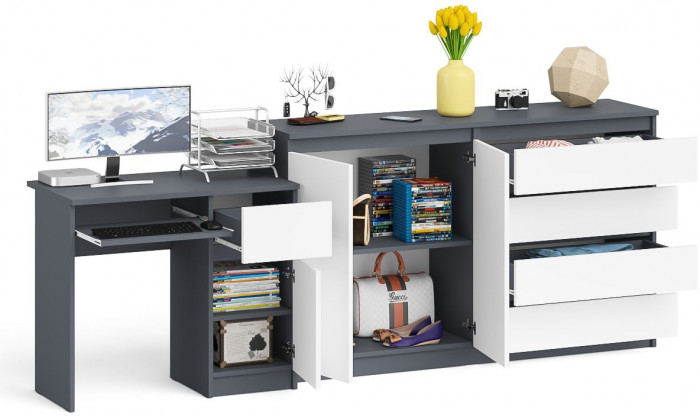 Мори компьютерный стол МС-1 правый + Комод МК1600.1, графит/белый