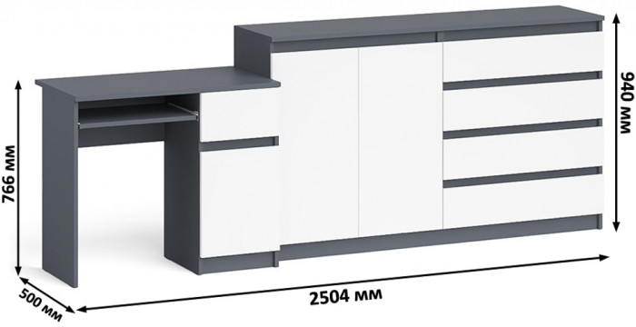 Мори компьютерный стол МС-1 правый + Комод МК1600.1, графит/белый