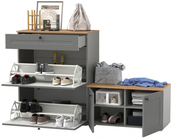 Остин 16.121 Тумба для обуви + 13.257 Тумба, цвет серый графит/дуб крафт золотой, ШхГхВ 160х41,9х99,3 см., универсальная сборка