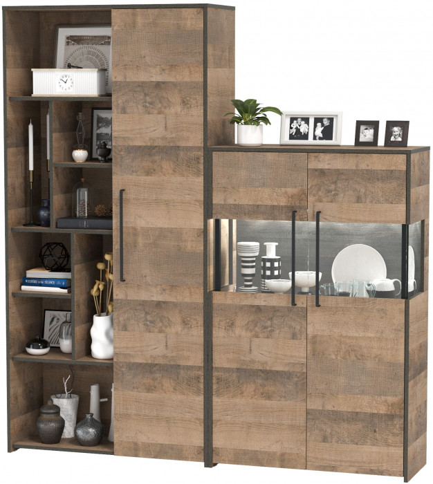 Трувор 13.206 Шкаф-стеллаж + 13.306 Комод с витриной, дуб гранж песочный/интра