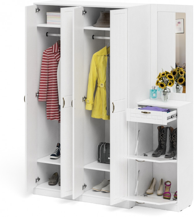 Прихожая П-6 Компоновка № 14, цвет белая шагрень/фасады МДФ белое дерево фрезеровка прованс, ШхГхВ 170х50х210 см., универсальная сборка