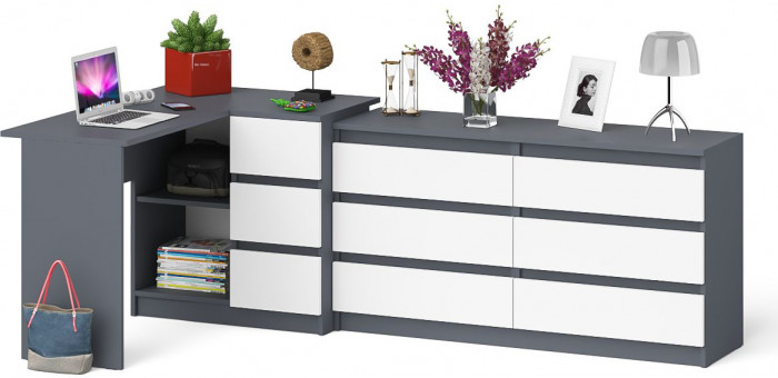 Мори компьютерный стол МС-16 правый + Комод МК1380.6, графит/белый