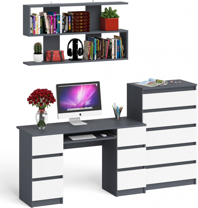 Мори компьютерный стол МС-2 + Комод МК700.5 + Полка 1200, графит/белый