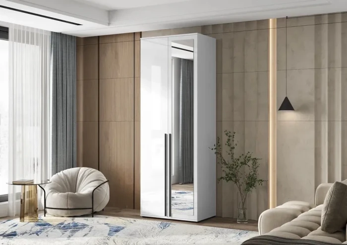 Норд Шкаф 2-х створчатый 800 с зеркалом, Белый глянец/Белый