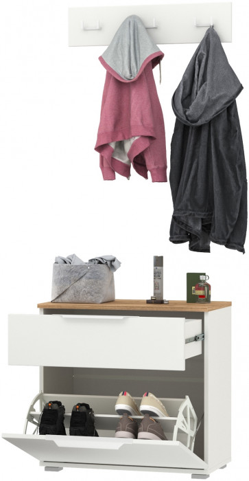 Октава 16.127 Тумба для обуви + 15.14.02 Вешалка, белый шагрень/дуб крафт золотой/фасады МДФ белый шагрень