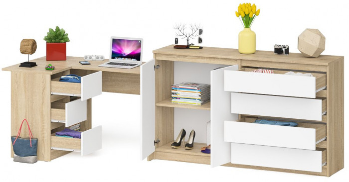 Мори компьютерный стол МС-16 левый + Комод МК1600.1, дуб сонома/белый