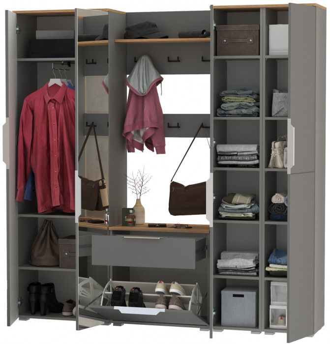 Октава Прихожая 31, цвет серый графит/дуб крафт золотой/фасады МДФ серый графит, ШхГхВ 193,7х35,4х197,6 см., универсальная сборка