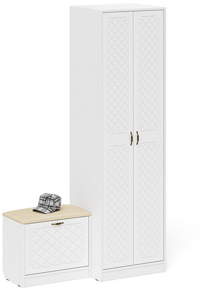 Прихожая П-6 Компоновка № 10, белая шагрень/фасады МДФ белое дерево фрезеровка ромб