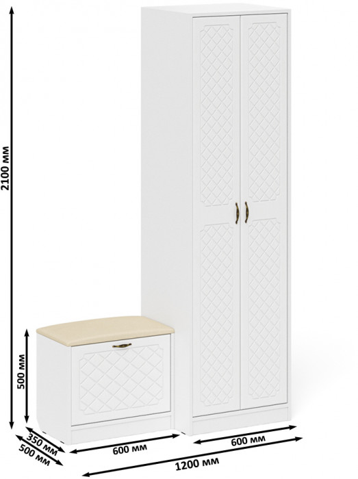 Прихожая П-6 Компоновка № 10, белая шагрень/фасады МДФ белое дерево фрезеровка ромб