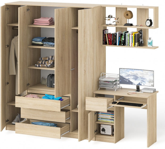 Мори компьютерный стол МС-1 левый + Шкаф МШ1600.1 + Полка 900, дуб сонома