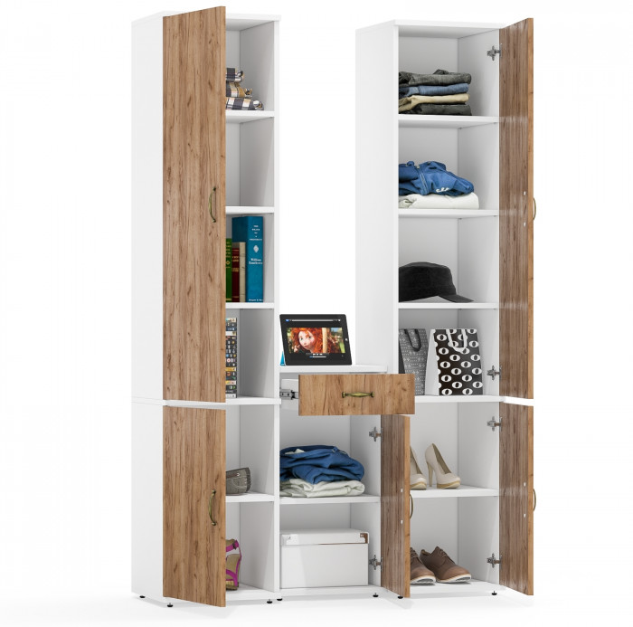 Лидер-8 Пенал МД 22Б + Пенал МД 22Б + Тумба МД 3.15, цвет белый шагрень/крафт золото, ШхГхВ 120х37,5х190 см., универсальная сборка