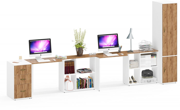 Лидер-8 Стол + Стол + Пенал МД 23Б + Тумба МД 3.16, цвет белый шагрень/крафт золото, ШхГхВ 410х50х75/190 или 270х120/50х75/190 см., НЕ ун. сб.