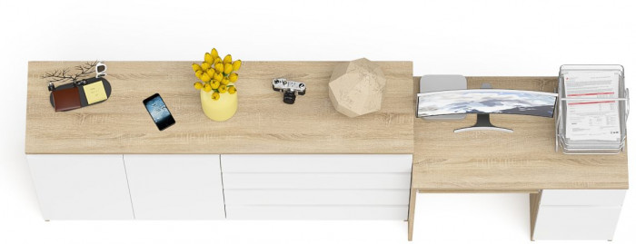 Мори компьютерный стол МС-1 правый + Комод МК1600.1, дуб сонома/белый