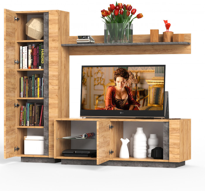 КР100 ??? Арчи № 08, цвет дуб крафт золотой/камень тёмный, ШхГхВ 190х41,3х193,7 см., ниша для ТВ 130х41х110 см., универсальная сборка