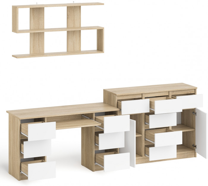 Мори компьютерный стол МС-2 + Комод МК1200.4 + Полка 1200, дуб сонома/белый