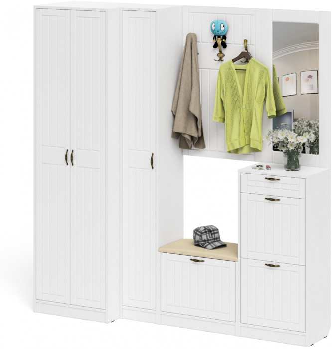 Прихожая П-6 Компоновка № 31, цвет белая шагрень/фасады МДФ белое дерево фрезеровка прованс, ШхГхВ 200х50х210 см., универсальная сборка