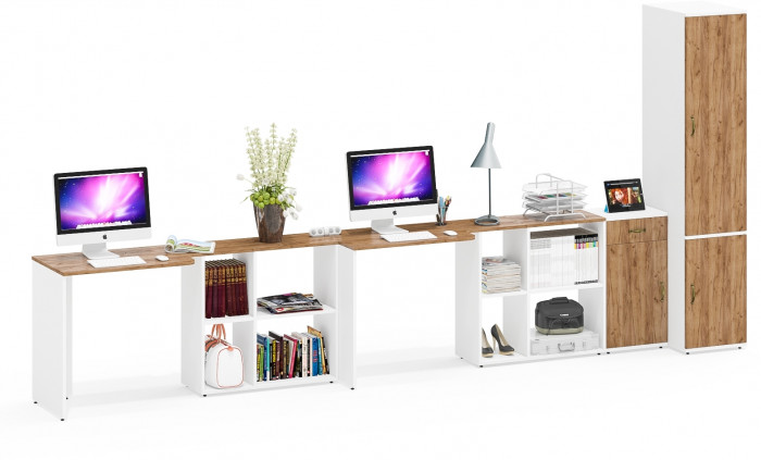 Лидер-8 Стол + Стол + Пенал МД 23Б + Тумба МД 3.15, белый шагрень/крафт золото