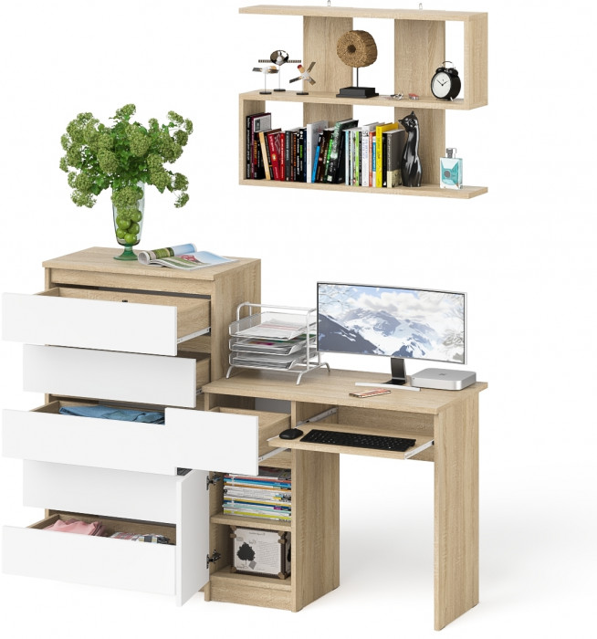 Мори компьютерный стол МС-1 левый + Комод МК700.5 + Полка 900, дуб сонома/белый