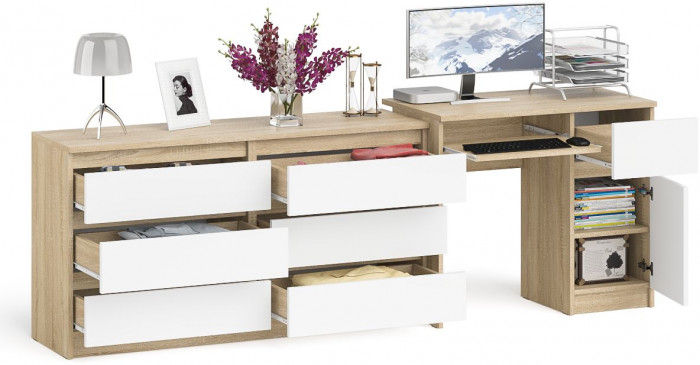 Мори компьютерный стол МС-1 правый + Комод МК1380.6, дуб сонома/белый