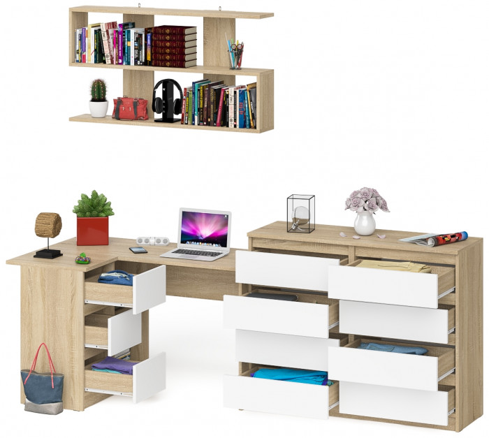 Мори компьютерный стол МС-16 левый + Комод МК1200.8 + Полка 1200, дуб сонома/белый