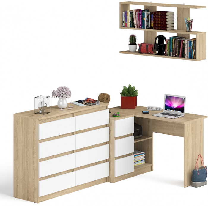 Мори компьютерный стол МС-16 левый + Комод МК1200.8 + Полка 1200, дуб сонома/белый