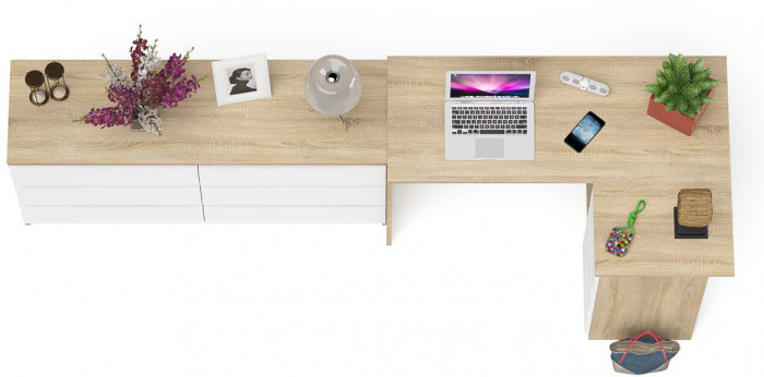 Мори компьютерный стол МС-16 правый + Комод МК1380.6, дуб сонома/белый
