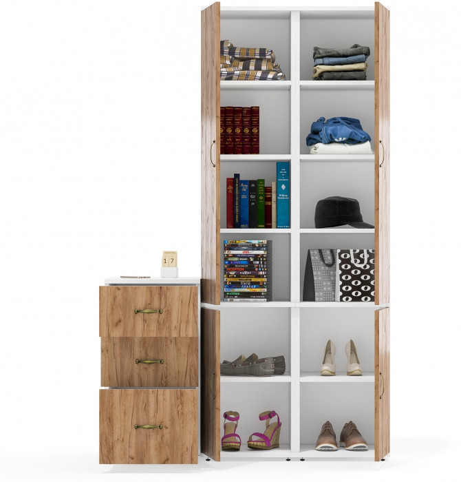 Лидер-8 Пенал МД 22Б + Пенал МД 22Б + Тумба МД 3.16, цвет белый шагрень/крафт золото, ШхГхВ 120х50х190 см., универсальная сборка