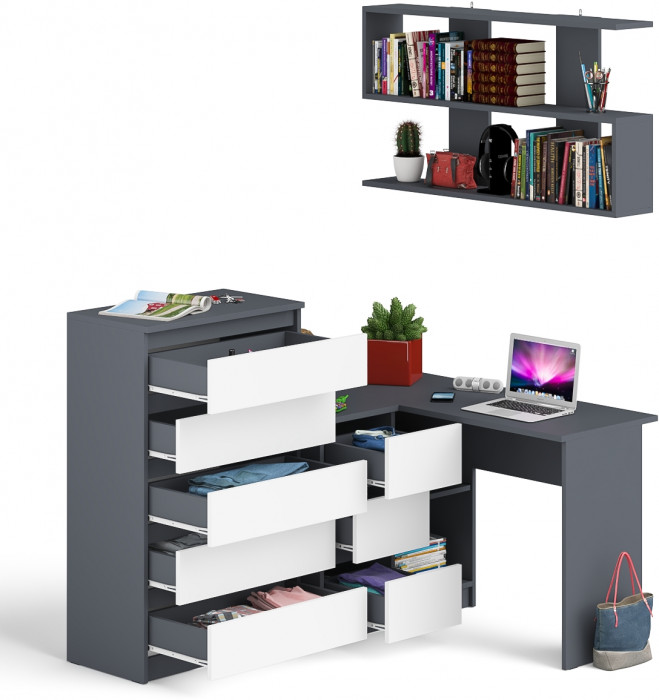 Мори компьютерный стол МС-16 левый + Комод МК700.5 + Полка 1200, графит/белый