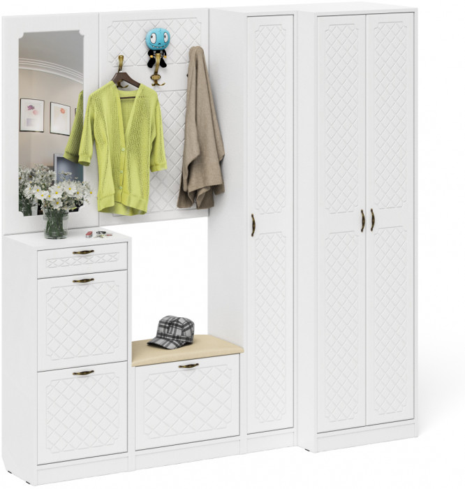 Прихожая П-6 Компоновка № 31, белая шагрень/фасады МДФ белое дерево фрезеровка ромб