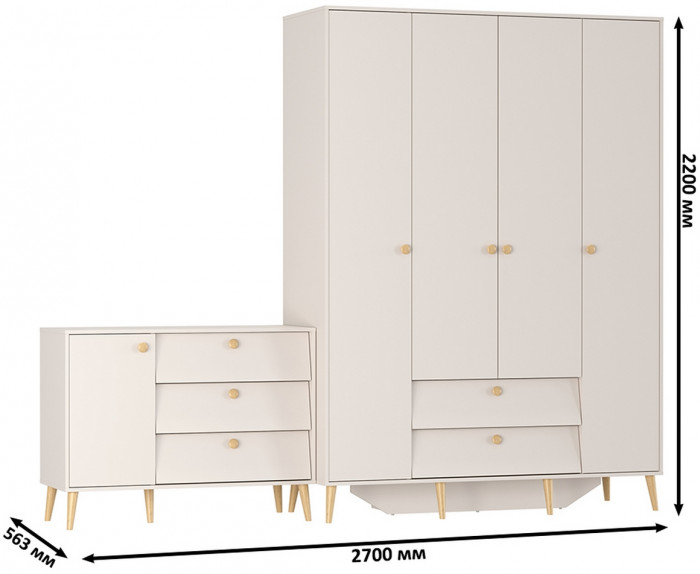 Афина Спальня Шкаф 4-х дверный + Комод с дверкой и тремя ящиками, кашемир серый